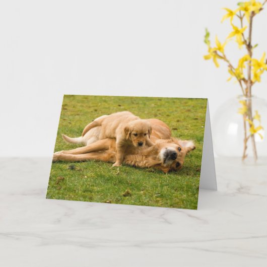 Golden Retriever en Puppy Vaderdag Kaart (Gele Bloem)