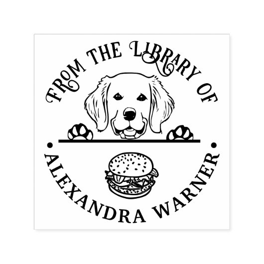 Golden Retriever Eying Burger Bibliotheek Boeknaam Zelfinktende Stempel (Design)