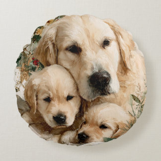 Golden Retriever Family Puppies Vintage Christmas Rond Kussen