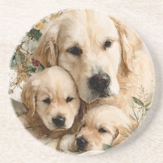 Golden Retriever Family Puppies Vintage Christmas Zandsteen Onderzetter