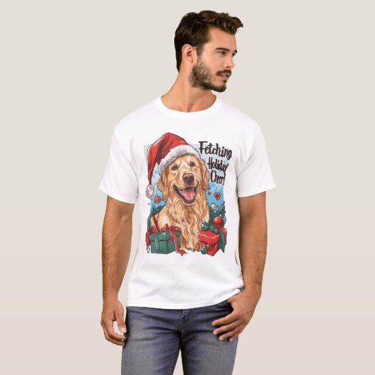 Golden Retriever Fetching Holiday Cheer Design T-shirt (Voorkant volledig)