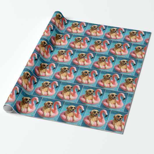 Golden Retriever Floating On a Flamingo Pool Toy Cadeaupapier (Uitgerold)