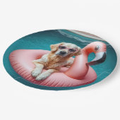 Golden Retriever Floating On a Flamingo Pool Toy Papieren Bordje (Gekanteld)