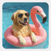 Golden Retriever Floating On a Flamingo Pool Toy Vierkante Sticker (Voorkant)