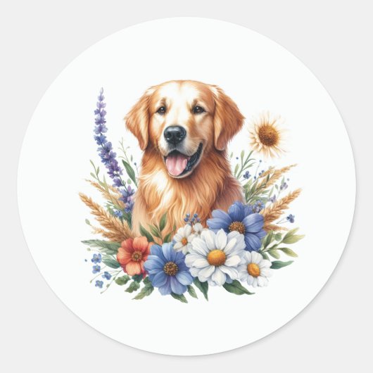 Golden Retriever Floral Ronde Sticker (Voorkant)