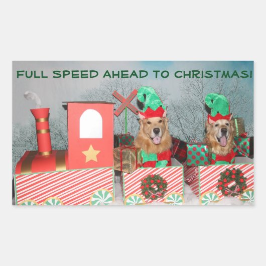 Golden Retriever Full Speed Ahead Kersttrein Rechthoekige Sticker (Voorkant)