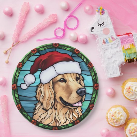 Golden Retriever Glas in lood Kerst Papieren Bordje (Feest)