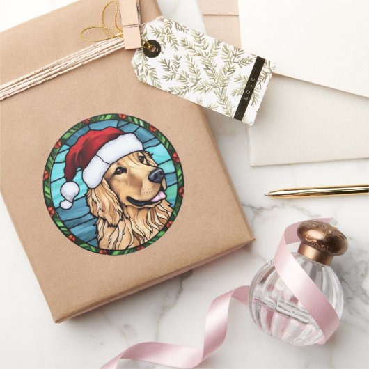 Golden Retriever Glas in lood Kerst Ronde Sticker (Geschenken)
