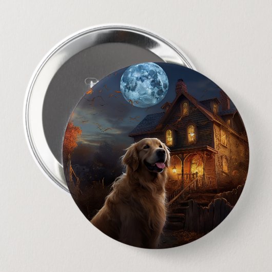 Golden Retriever Halloween Eng Ronde Button 4,0 Cm (Voorkant /achterkant)