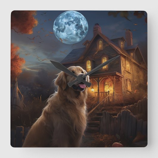 Golden Retriever Halloween Eng Vierkante Klok (Voorkant)