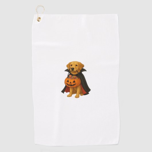Golden Retriever Halloweenhond met pompoen Snoep Golfhanddoek (Voorkant)