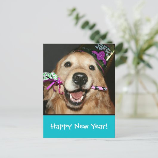 Golden Retriever Happy New Year Postcard Feestdagenkaart (Staand voorkant)
