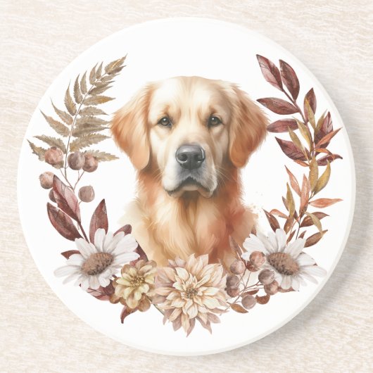 Golden Retriever Herfst krans Zandsteen Onderzetter (Voorkant)