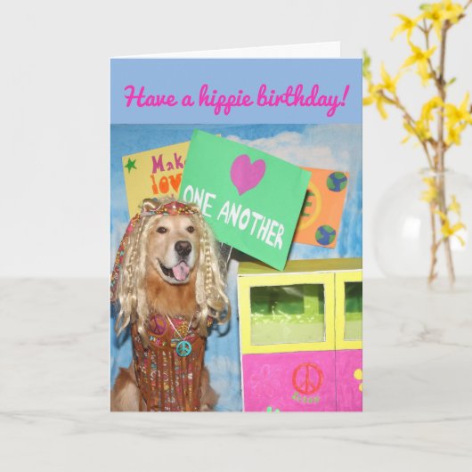 Golden Retriever Hippie Verjaardag Kaart (Gele Bloem)