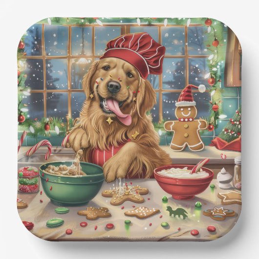 Golden Retriever Holiday Baking: Feestelijke Kerst Papieren Bordje (Voorkant)