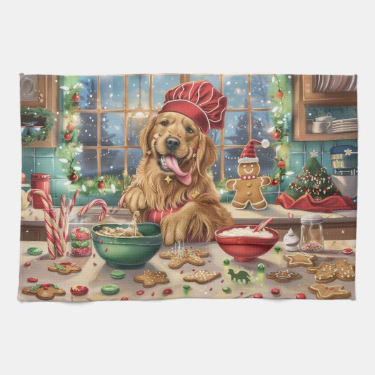 Golden Retriever Holiday Baking: Feestelijke Kerst Theedoek (Horizontaal)