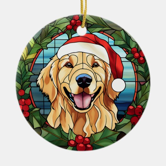 Golden Retriever Holly Berry krans Keramisch Ornament (Voorkant)