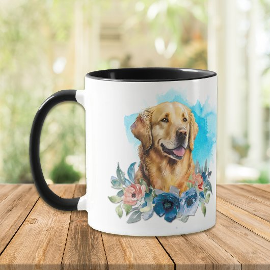 Golden Retriever Hond Blauw Bloemen Boeket Mok