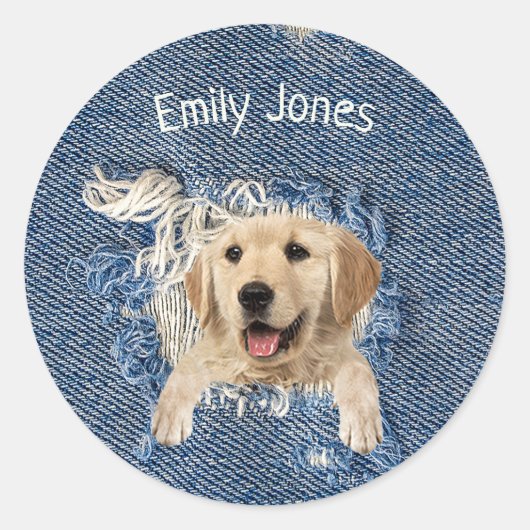 Golden Retriever hond in blauw denimgat Ronde Sticker (Voorkant)