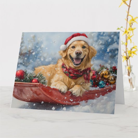 Golden Retriever Hond in Sledge Sneeuwkerst Kaart (Gele Bloem)
