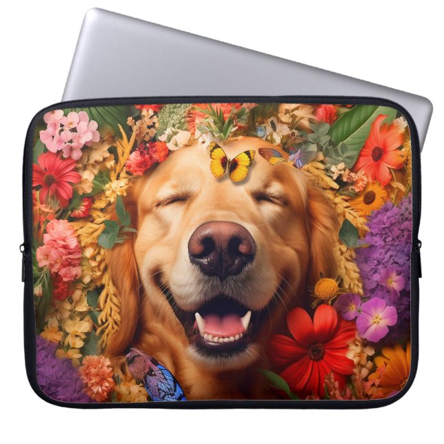 Golden Retriever Hond met Bloemen Laptop Tas (Voorkant)