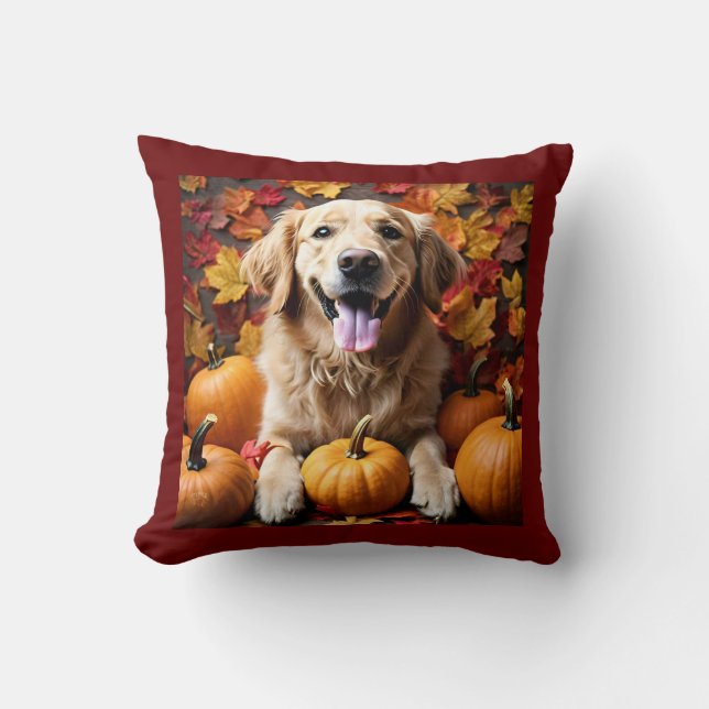 Golden Retriever Hond met Herfst Pompoenen & Blade Kussen (Voorkant)