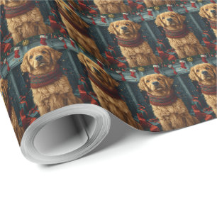 Golden Retriever Hond met Kerstcadeau open haard Cadeaupapier