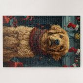 Golden Retriever Hond met Kerstcadeau open haard Legpuzzel (Horizontaal)
