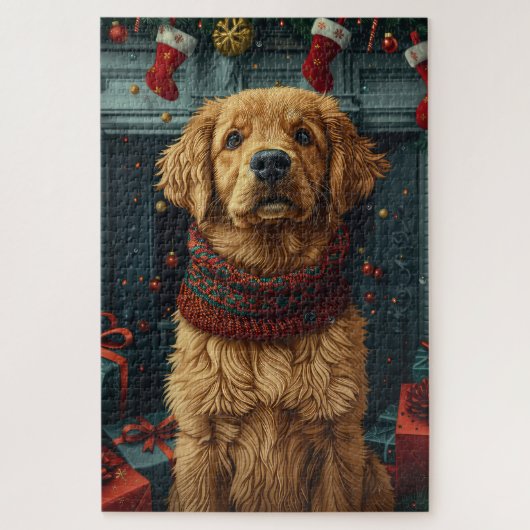 Golden Retriever Hond met Kerstcadeau open haard Legpuzzel (Verticaal)