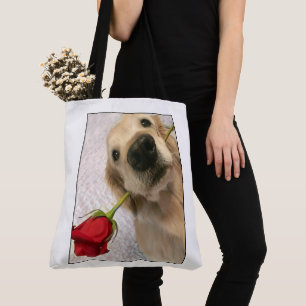 Golden Retriever hond met rode roze Tote Bag