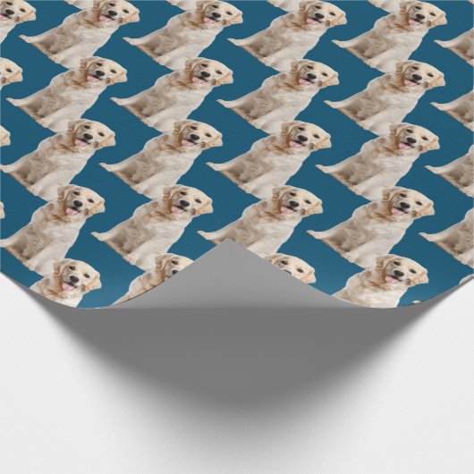 Golden retriever hond op blauw cadeaupapier (Hoek)