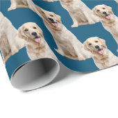 Golden retriever hond op blauw cadeaupapier (Rol Hoek)