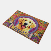 Golden Retriever Hond Welkom Bloemen Rand Deurmat (Schuin)