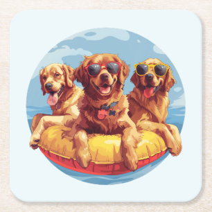 Golden Retriever Honden Zomer Zwembad Floaties Kartonnen Onderzetters