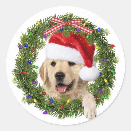Golden Retriever in adem met kerstpet Ronde Sticker (Voorkant)