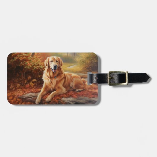 Golden Retriever in Autumn Leaves Herfst Inspire Bagagelabel (Voorkant horizontaal)
