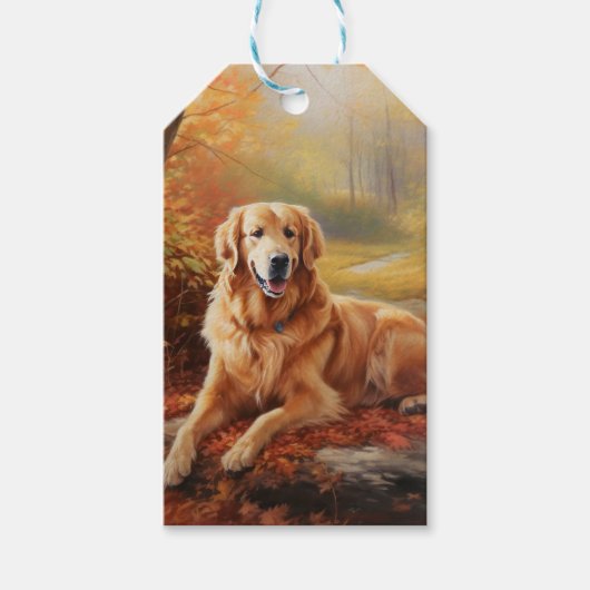 Golden Retriever in Autumn Leaves Herfst Inspire Cadeaulabel (Voorkant)