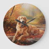 Golden Retriever in Autumn Leaves Herfst Inspire Grote Klok (Voorkant)