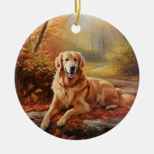 Golden Retriever in Autumn Leaves Herfst Inspire Keramisch Ornament (Voorkant)