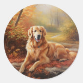 Golden Retriever in Autumn Leaves Herfst Inspire Ronde Sticker (Voorkant)