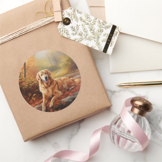 Golden Retriever in Autumn Leaves Herfst Inspire Ronde Sticker (Geschenken)