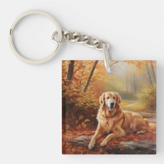 Golden Retriever in Autumn Leaves Herfst Inspire Sleutelhanger (Voorkant)