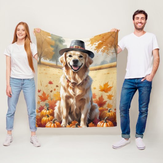 Golden Retriever in Autumn verlaat Thanksgiving Fleece Deken (In situ)