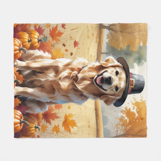 Golden Retriever in Autumn verlaat Thanksgiving Fleece Deken (Voorkant (Horizontaal))
