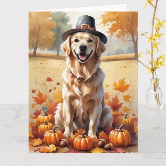 Golden Retriever in Autumn verlaat Thanksgiving Kaart (Gele Bloem)