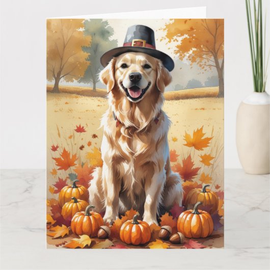 Golden Retriever in Autumn verlaat Thanksgiving Kaart (Voorkant)