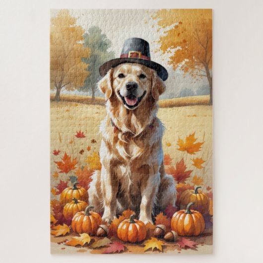 Golden Retriever in Autumn verlaat Thanksgiving Legpuzzel (Verticaal)