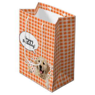Golden Retriever in dagboeken op oranje gingham Medium Cadeauzakje