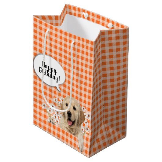 Golden Retriever in dagboeken op oranje gingham Medium Cadeauzakje (Voorkant Gekanteld)
