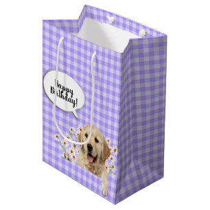 Golden Retriever in dagboeken op paarse gingham Medium Cadeauzakje